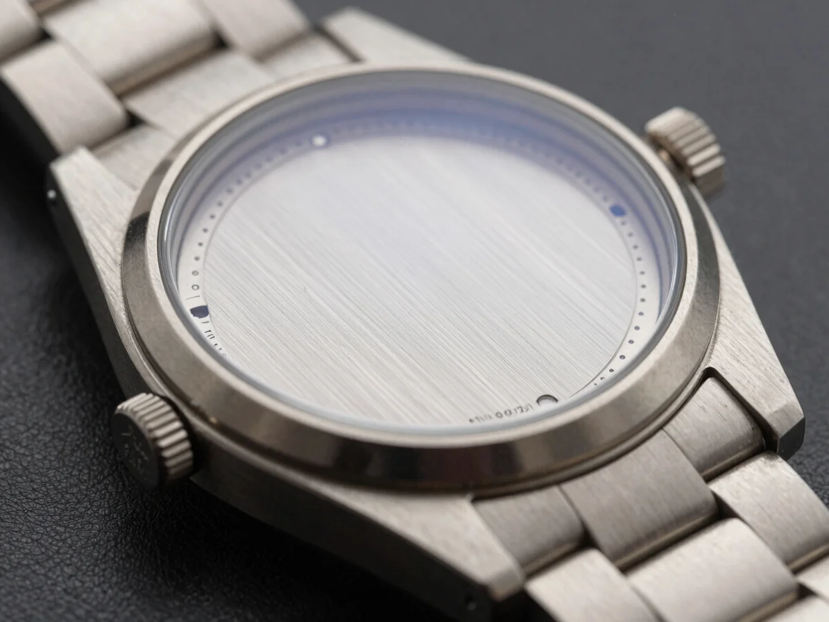 macro close-up of a brushed steel watch case and sapphire crystal under side-lit tungsten studio lighting