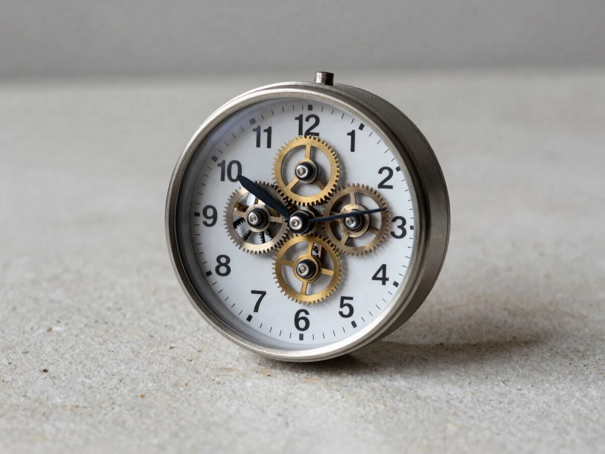 side-lit studio tungsten macro photograph of an architectural desk clock showing exposed gear trains on a minimalist sto