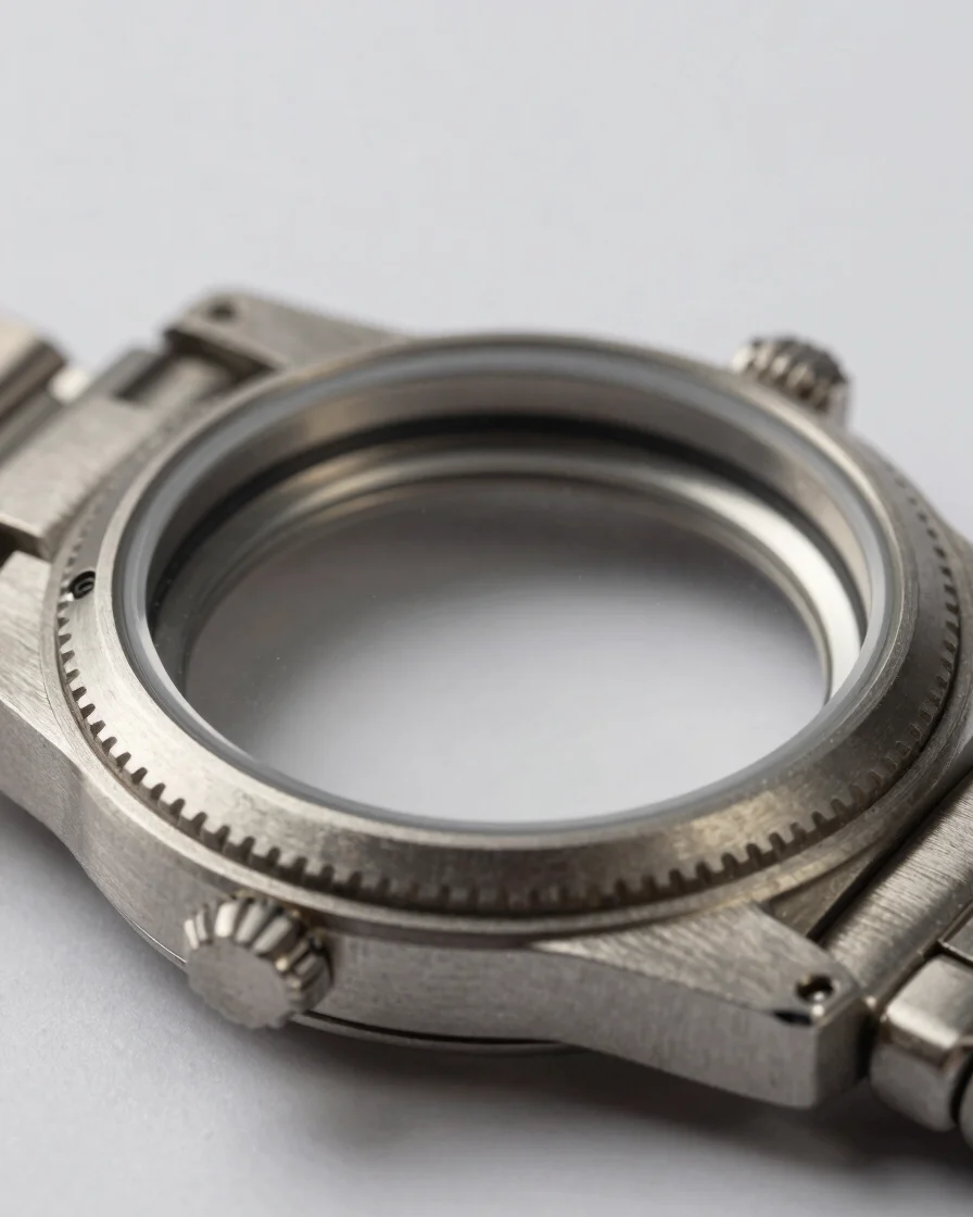 Macro studio photography of brushed steel watch case components under sharp side-lit tungsten, crisp metallic tones.